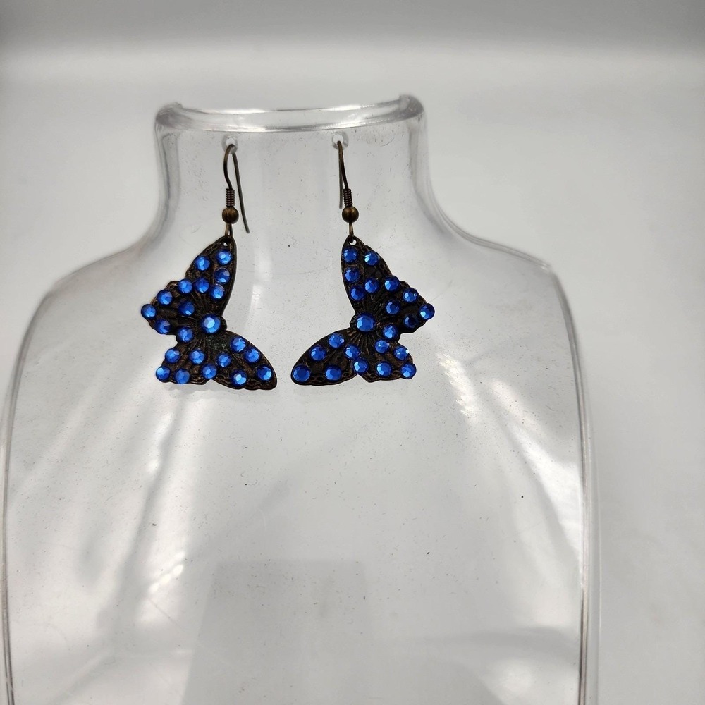 Vintage Butterfly Earrings Blue Rhinestones‎ Pierced Earrings